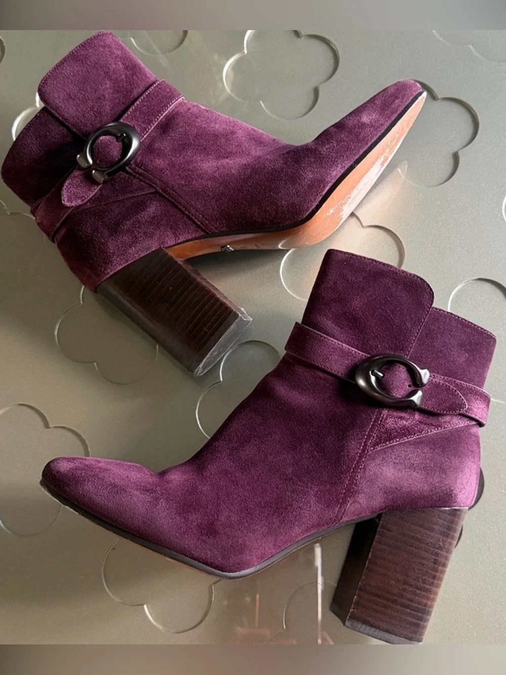 COACH Delaney Burgundy Suede Signature Buckle Ankle Booties Block Heel Size 9